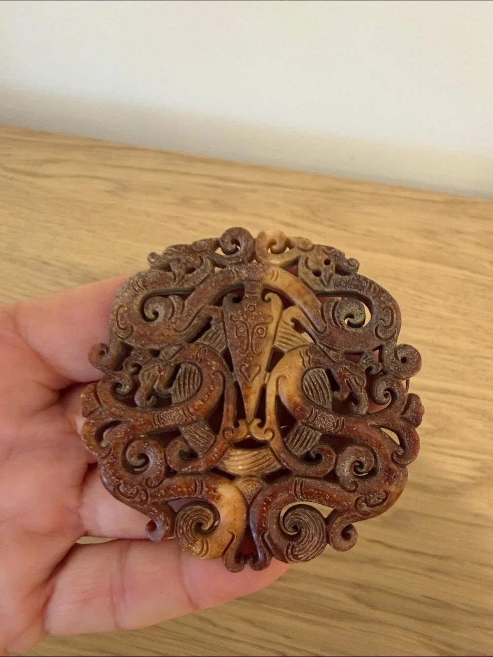 Hand-Carved Stone Thai  Decorative disc in Earthy Brown and Cream